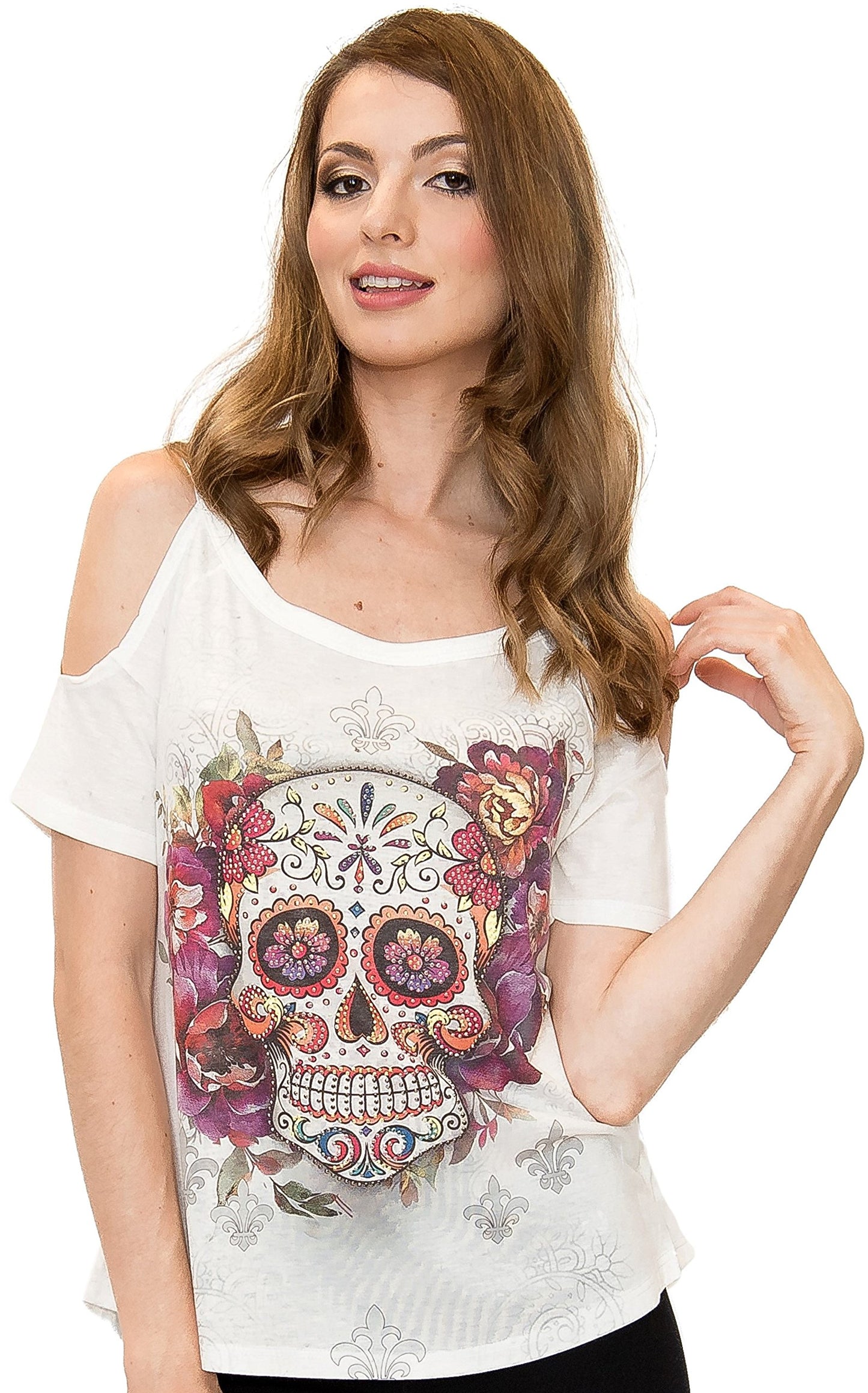 Sweet Gisele Woman Sugar Skull Open Shoulder Tee | Beautiful Print Decorated with Sparkling Bling Rhinestones
