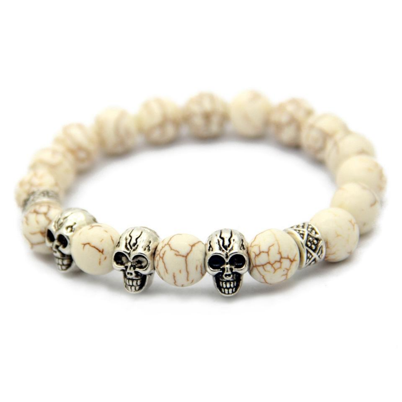 Retail New Jewelry 10mm High Quality Created Stone Beads Antique Silver Color Skull Elastic Bracelets