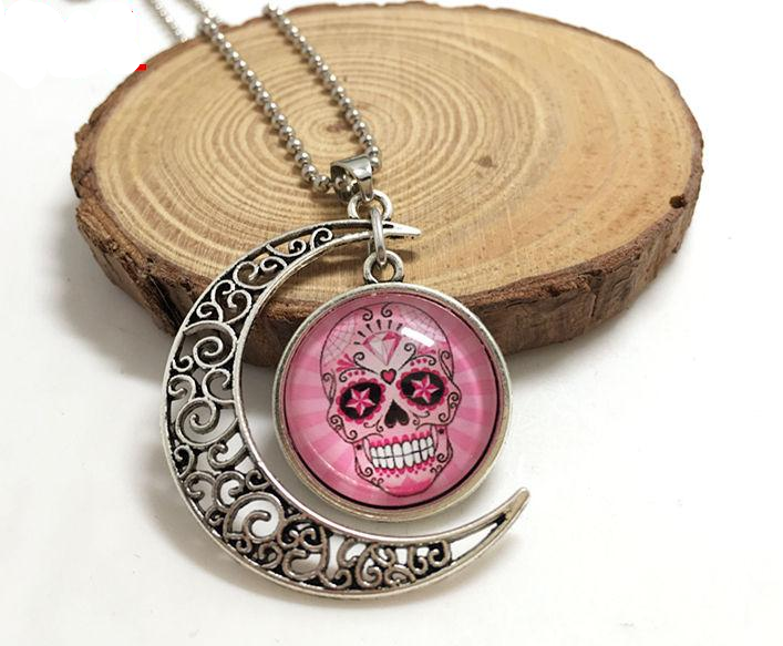 NEW Handmade pink sugar skull Hollow Moon Pendant Silver Necklace