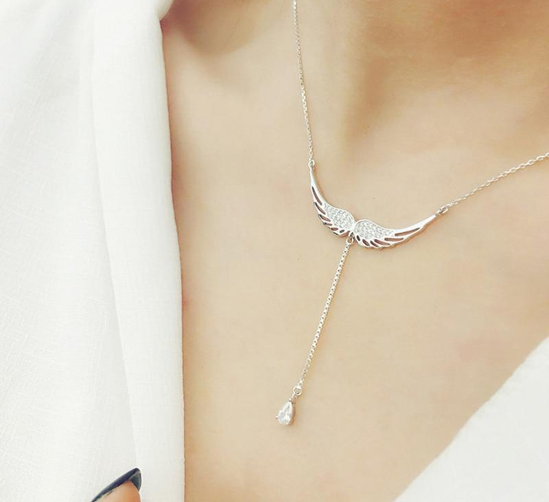 New Drop Shipping 925 Sterling Silver Necklaces Zircon Angel Wings Necklaces Jewelry Collar Colar de Plata