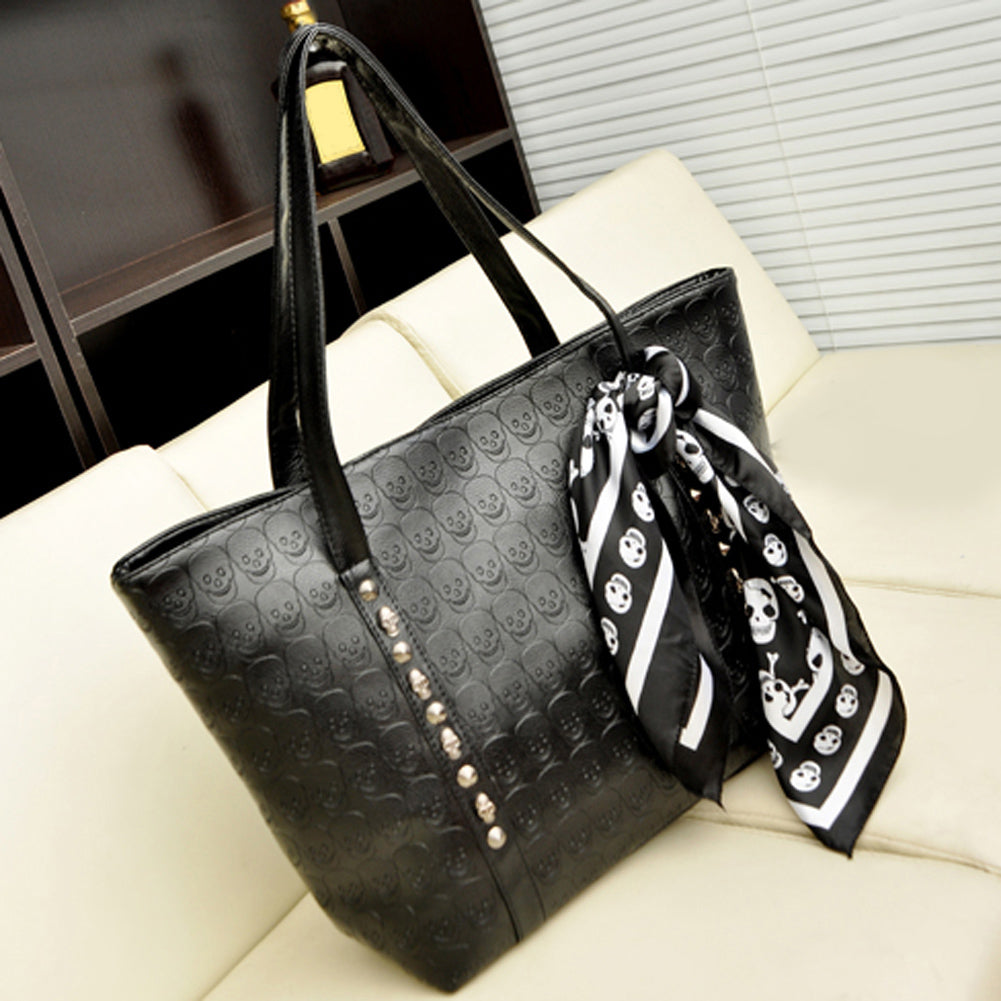 Hot PU Leather Women Skull Bag Female Solid Punk Shoulder Bag Fashion Soft Women Handbags Black Large Ladies Tote Bag