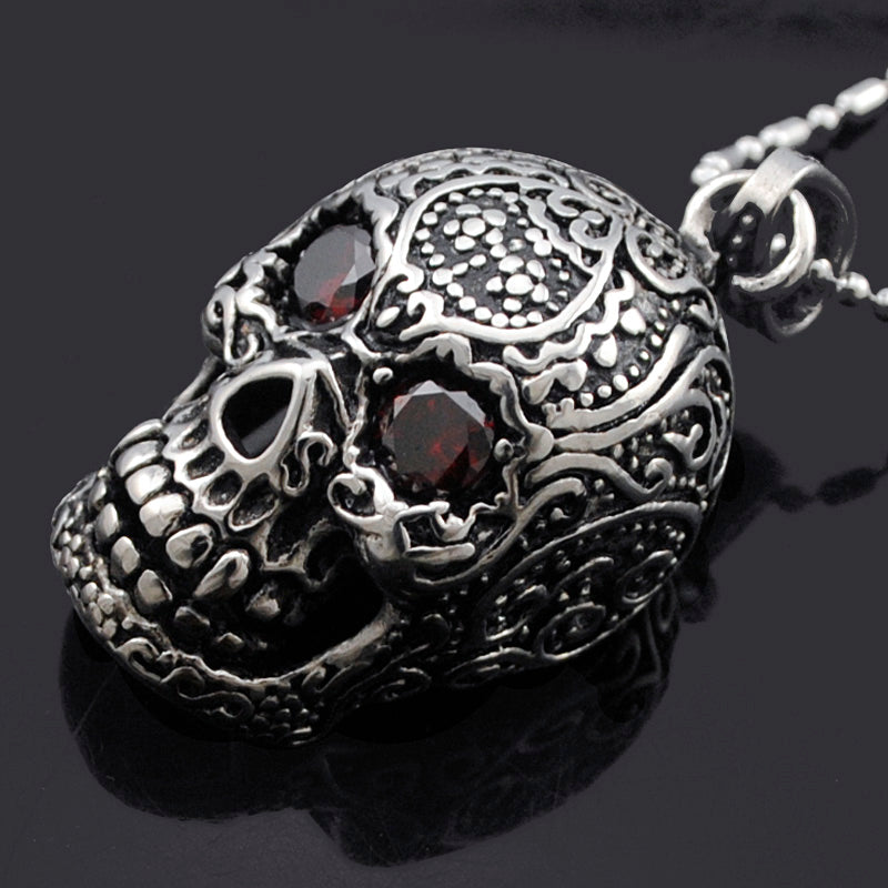 Punk Mexican Tattoo Stainless Steel Skull Pendant Necklace With Red Eyes Crystal Charm Men Fashion Jewelry For Biker