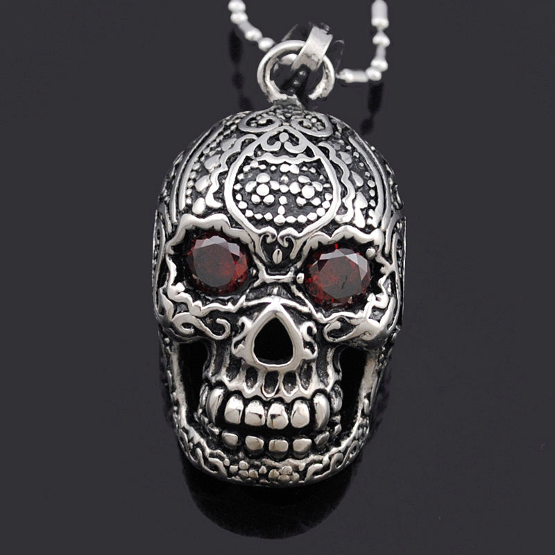 Punk Mexican Tattoo Stainless Steel Skull Pendant Necklace With Red Eyes Crystal Charm Men Fashion Jewelry For Biker