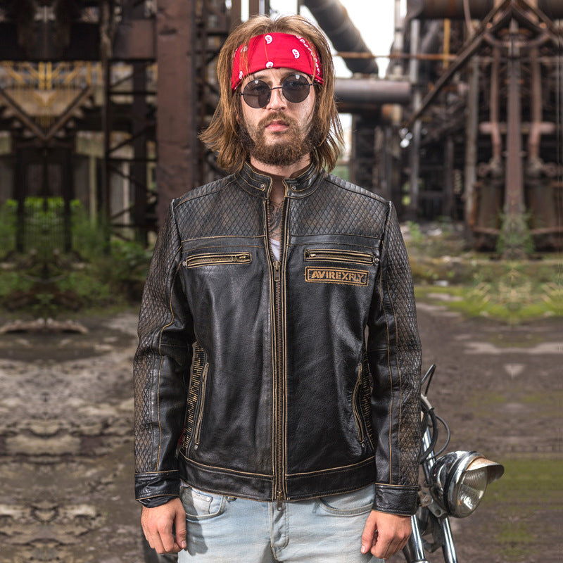 Men Motorcycle Leather Jacket Genuine 100% Real Cowskin Embroidery skulls Biker Jacket Winter Coats