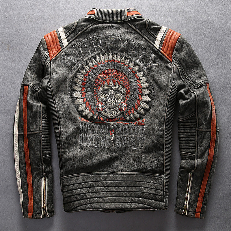 Men's Punk style Embroidery skulls leather motorcycle jacket Vintage black