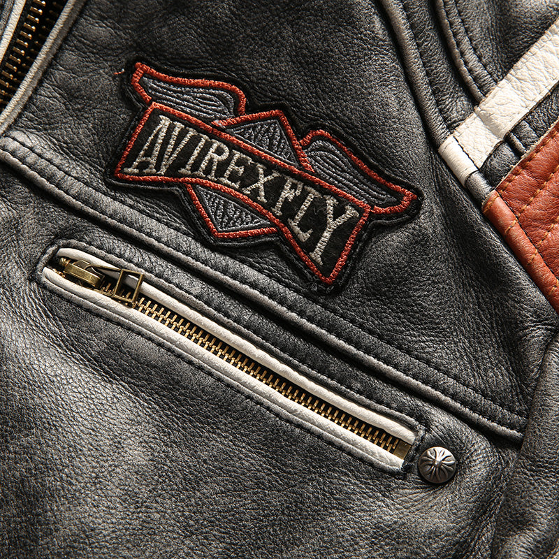 Men's Punk style Embroidery skulls leather motorcycle jacket Vintage black