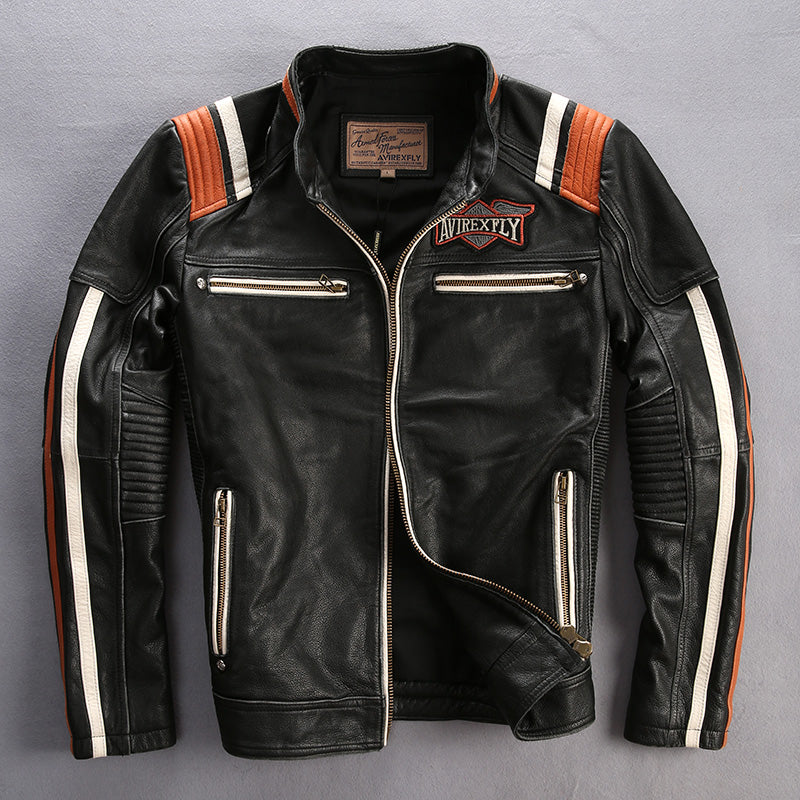 Men's Punk style Embroidery skulls leather motorcycle jacket Vintage black