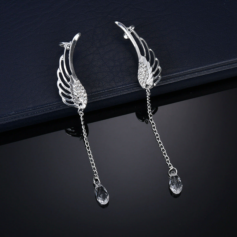 Angel Wings Flash Drop Earrings Crystal Chain Fringe Earrings Fashion Ear Clip