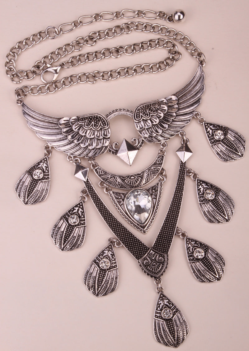 Angel wings bib necklace women biker bling jewelry gifts adjustable antique silver color