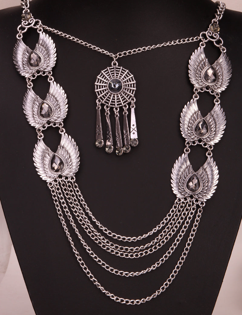 Angel wings bib necklace women biker bling jewelry gifts adjustable antique silver color