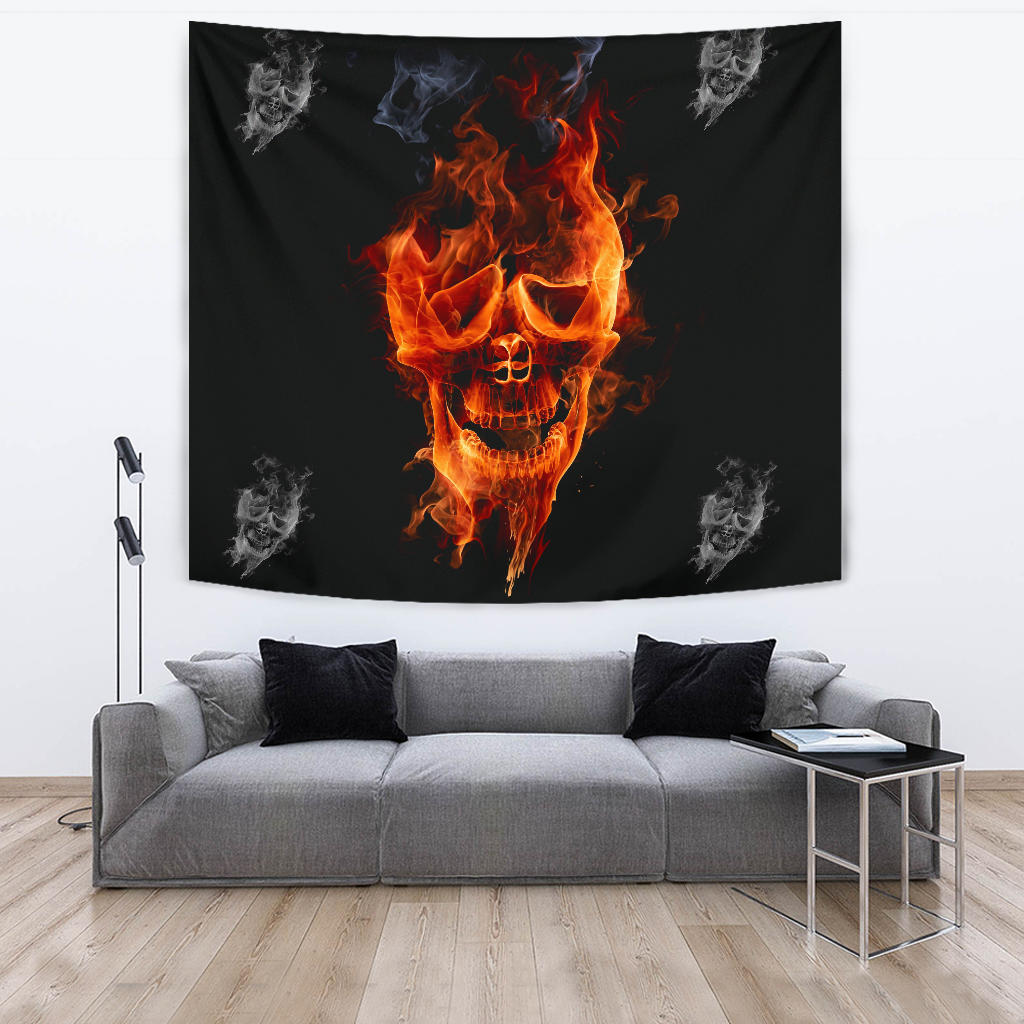 Flaming skull tapestry