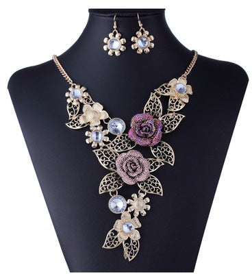 Crystal Rose Flower Leaf Jewelry Sets For Women