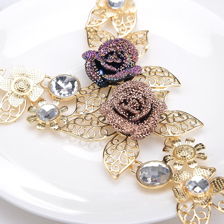 Crystal Rose Flower Leaf Jewelry Sets For Women