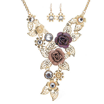 Crystal Rose Flower Leaf Jewelry Sets For Women