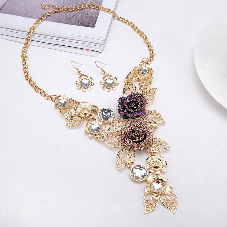 Crystal Rose Flower Leaf Jewelry Sets For Women