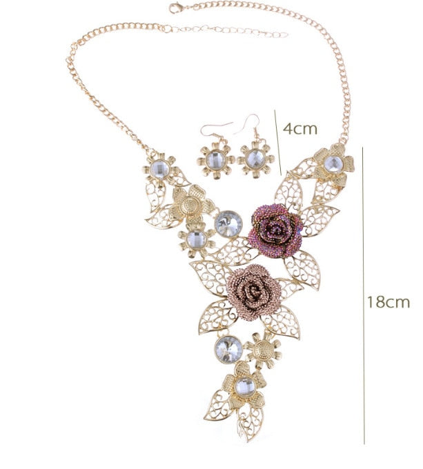 Crystal Rose Flower Leaf Jewelry Sets For Women