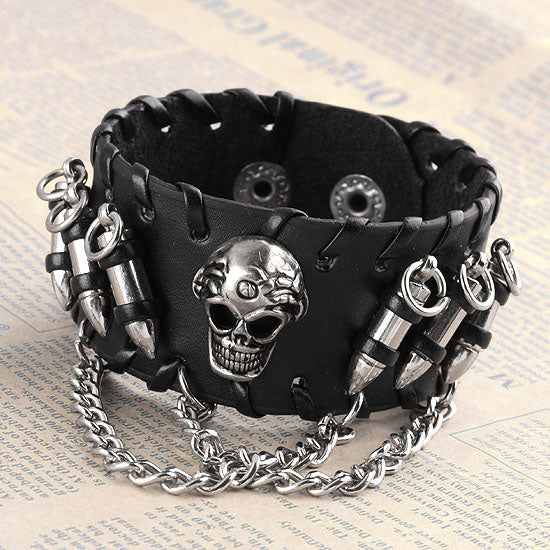 Men's Black PU Leather Bullet Wristband Adjustable Skull Metal Chain Bracelet Punk Biker Rock Gothic 1pc Cool Bracelet