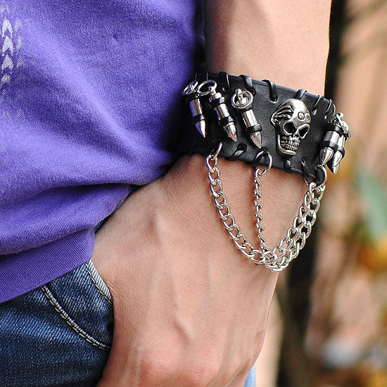 Men's Black PU Leather Bullet Wristband Adjustable Skull Metal Chain Bracelet Punk Biker Rock Gothic 1pc Cool Bracelet