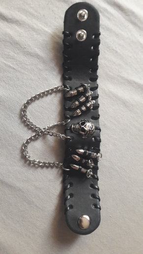 Men's Black PU Leather Bullet Wristband Adjustable Skull Metal Chain Bracelet Punk Biker Rock Gothic 1pc Cool Bracelet