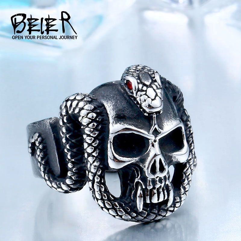retro style stainless steel Vintage snake ring with red stone devil skull biker exquisite jewelry for man BR8-440