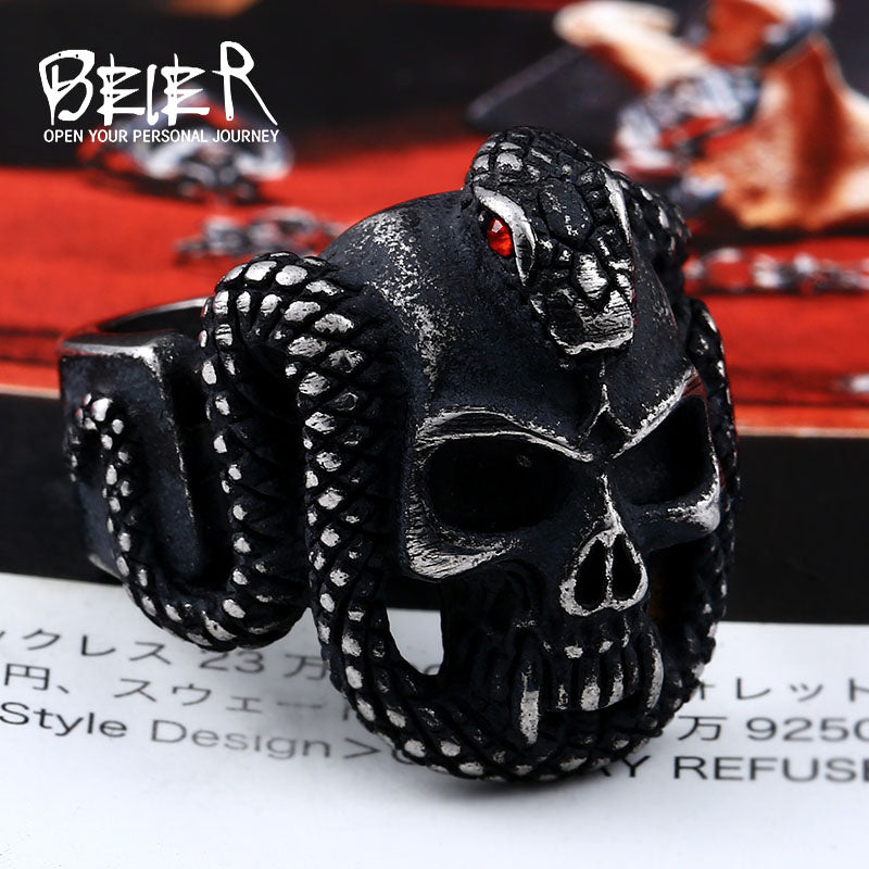 retro style stainless steel Vintage snake ring with red stone devil skull biker exquisite jewelry for man BR8-440