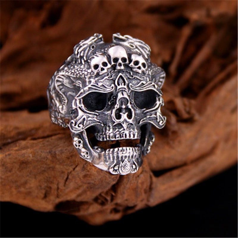 Real Solid 925 Sterling Silver Skull Rings For Men Women Retro Vintage Punk Jewerly