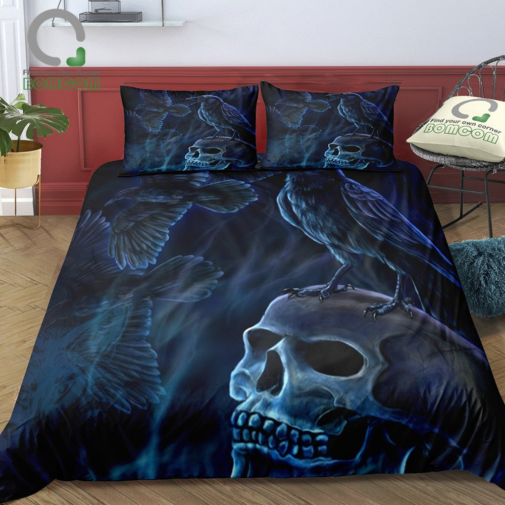 3D Digital Printing Crow and Skull Duvet Cover Set Skull bedding set