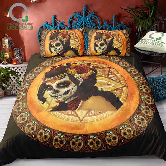 Digital Printing Day Of The Dead Dia De Los Muertos Mexican Dark Horror Witch Skull Duvet Cover Set 100% Microfiber