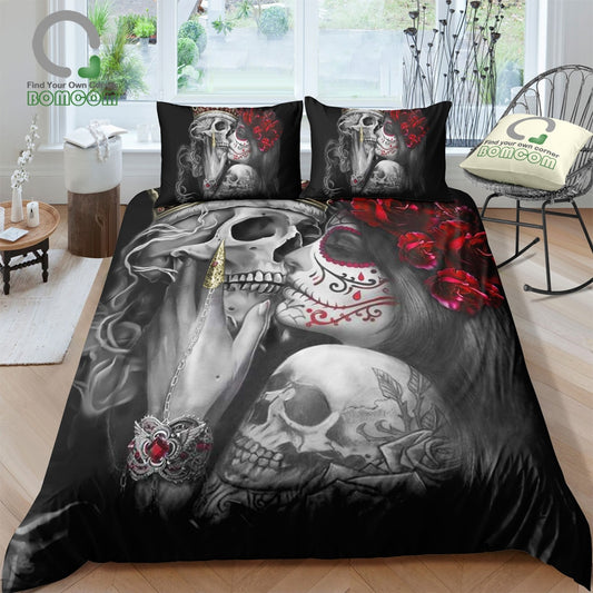 Day Of the Dead Sugar Skull Girl Kissing Skull King Duvet Cover Set