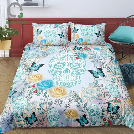Sugar Skull Duvet Cover Set  Skull With Butterflies and Roses