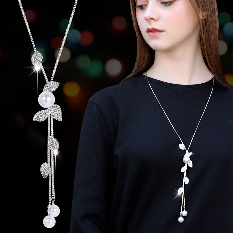 Imitation Pearl Necklaces Retro Hot Popular Vintage Leaf Pearl Collar Statement Necklace Long Jewelry For Women