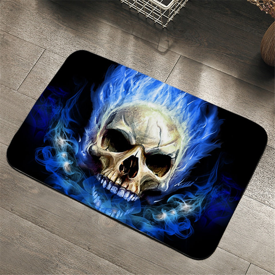 Flame Skull Bathroom Rug Non-slip Gothic Kitchen Carpet Blue Fire Door Mats Indoor