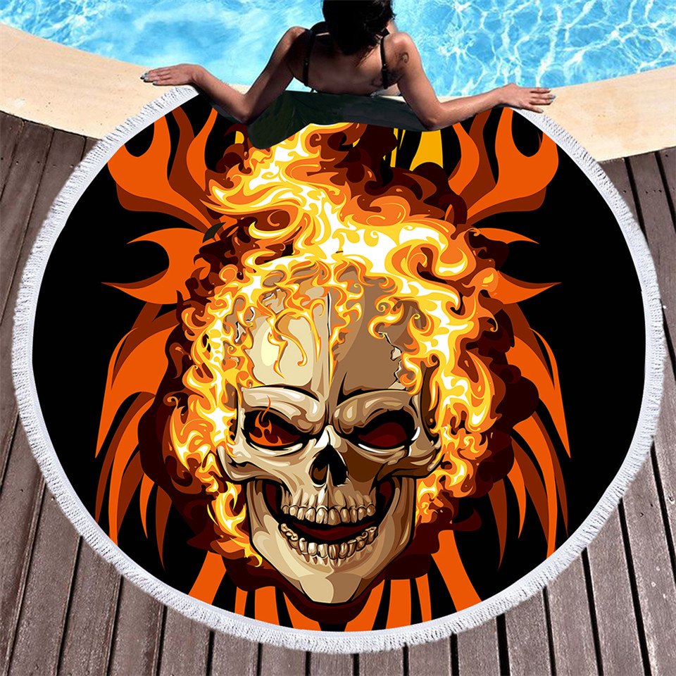 Flame Skull Large Round Beach Towel 3D Blue Yellow Fire Microfiber Toalla Picnic Blanket Gothic Yoga Mat 150cm