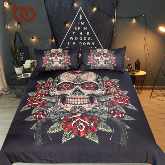 Floral Skull Bedding Set King Vintage Duvet Cover 3 Pieces Sugar Skull Bedclothes Flowers Black White Bed Set