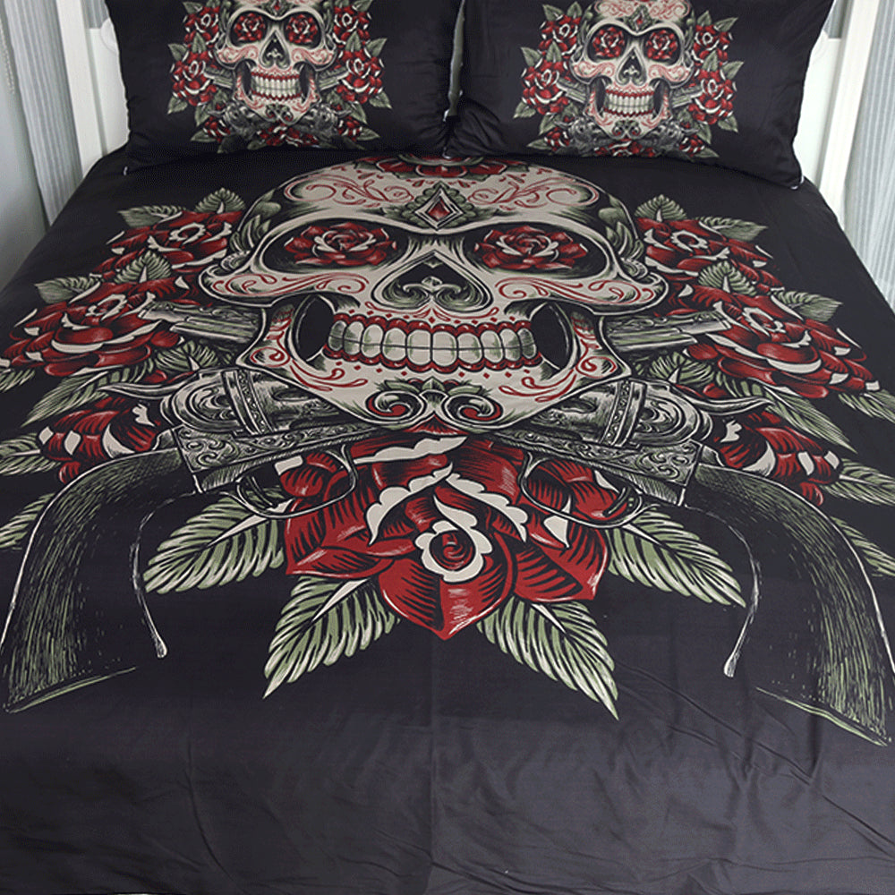 Floral Skull Bedding Set King Vintage Duvet Cover 3 Pieces Sugar Skull Bedclothes Flowers Black White Bed Set