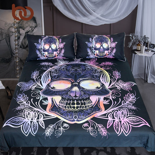 Gothic Skull Bedding Set Leaves Paisley Duvet Cover Set Pink Purple