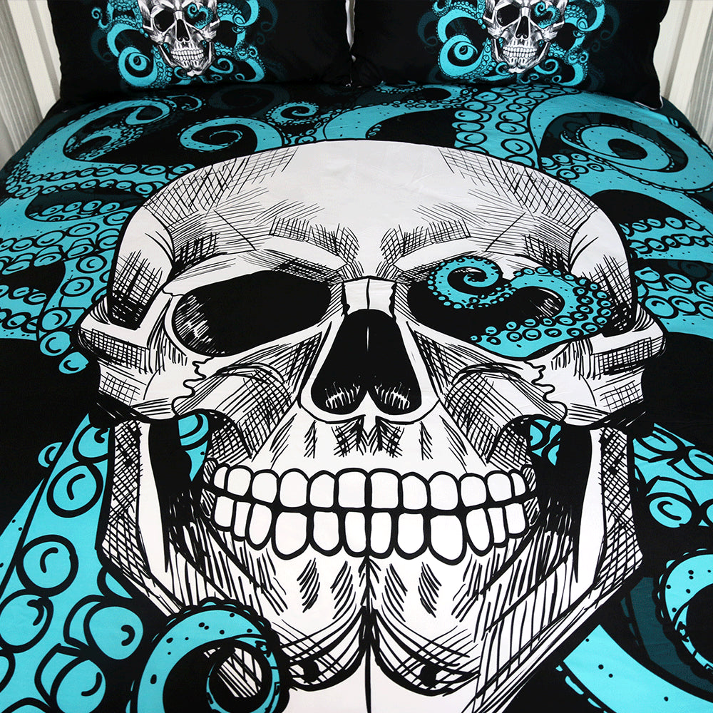Octopus and Skull Bedding Set Blue 3-Piece