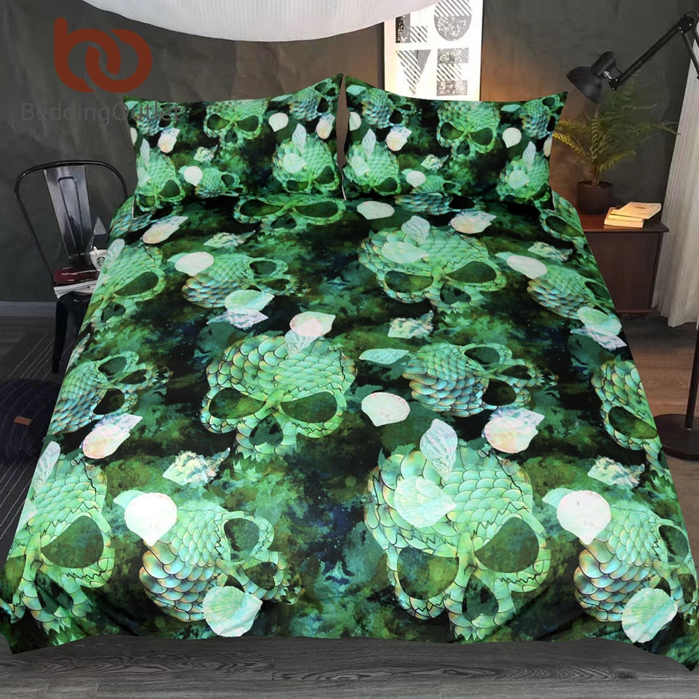 Skull Bedding Set Marine Shells Duvet Cover Green Squama 3pcs