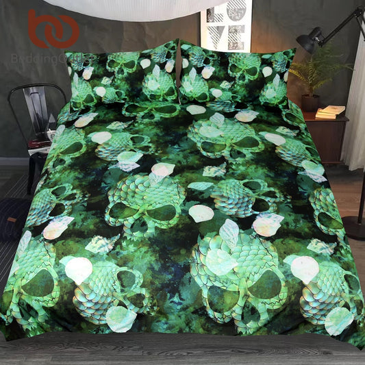 Skull Bedding Set Marine Shells Duvet Cover Green Squama 3pcs