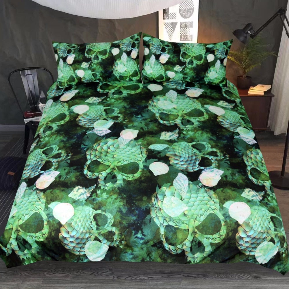 Skull Bedding Set Marine Shells Duvet Cover Green Squama 3pcs
