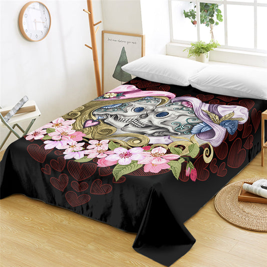 Skull Couples Bed Sheets Gothic Flat Sheet Pink Flowers Love Bed