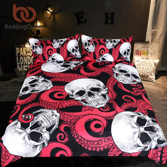 Skulls Bedding Set Octopus Tentacles Hand Duvet Cover Set 3pcs Gothic Bedspreads Red and Black Home Textiles Queen