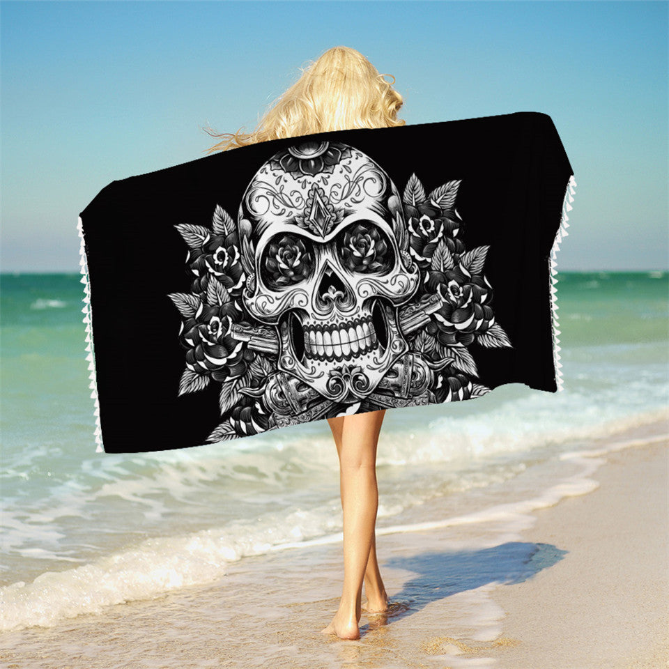 Sugar Skull Bath Towel With Tassels Microfiber Vintage Beach Towel Red White Rectangle Floral Yoga Mat 75x150cm