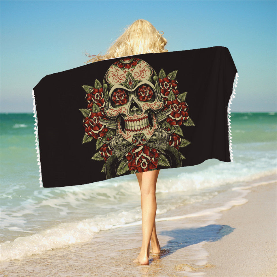 Sugar Skull Bath Towel With Tassels Microfiber Vintage Beach Towel Red White Rectangle Floral Yoga Mat 75x150cm