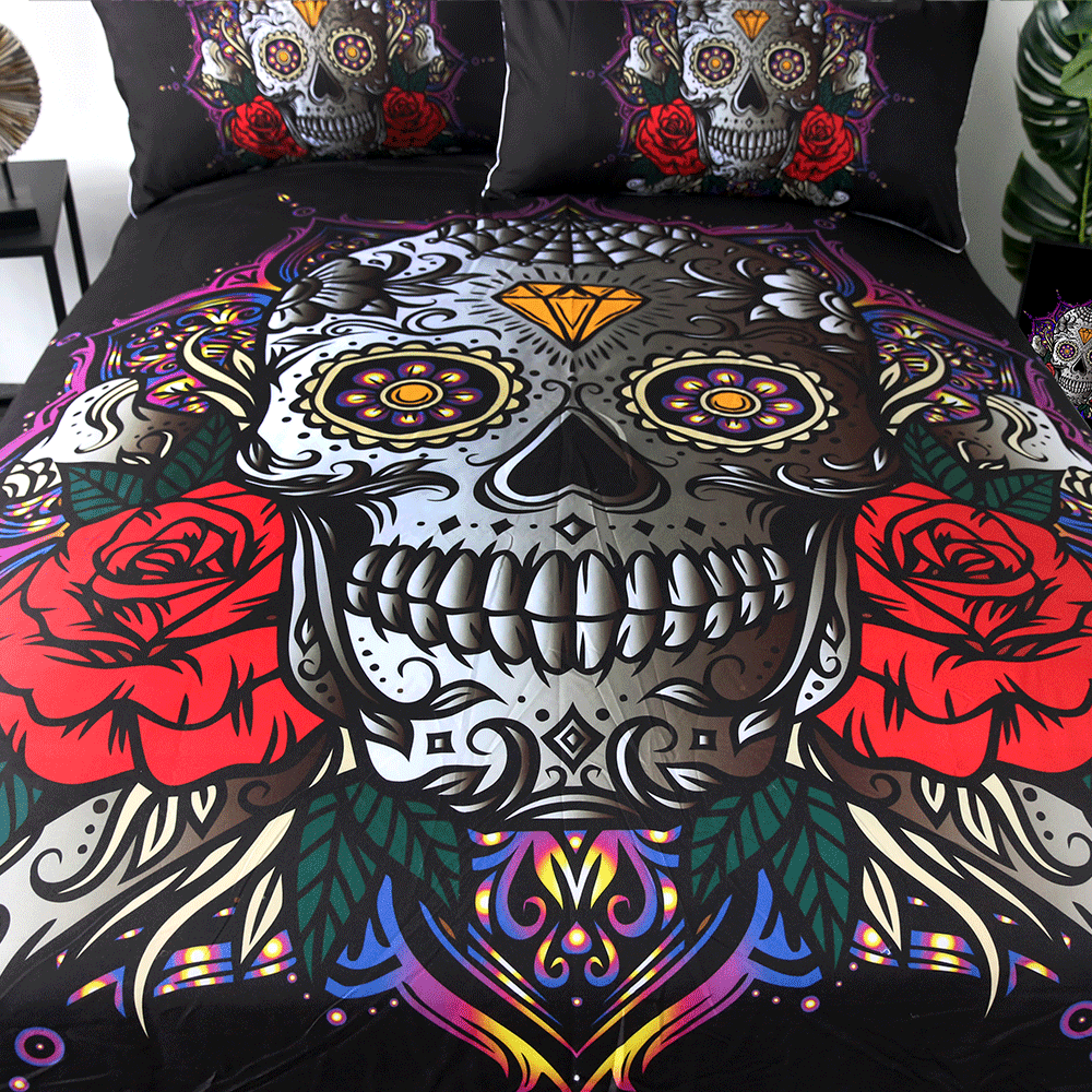Sugar Skull Bedding Set Red Rose Duvet Cover 3-Piece