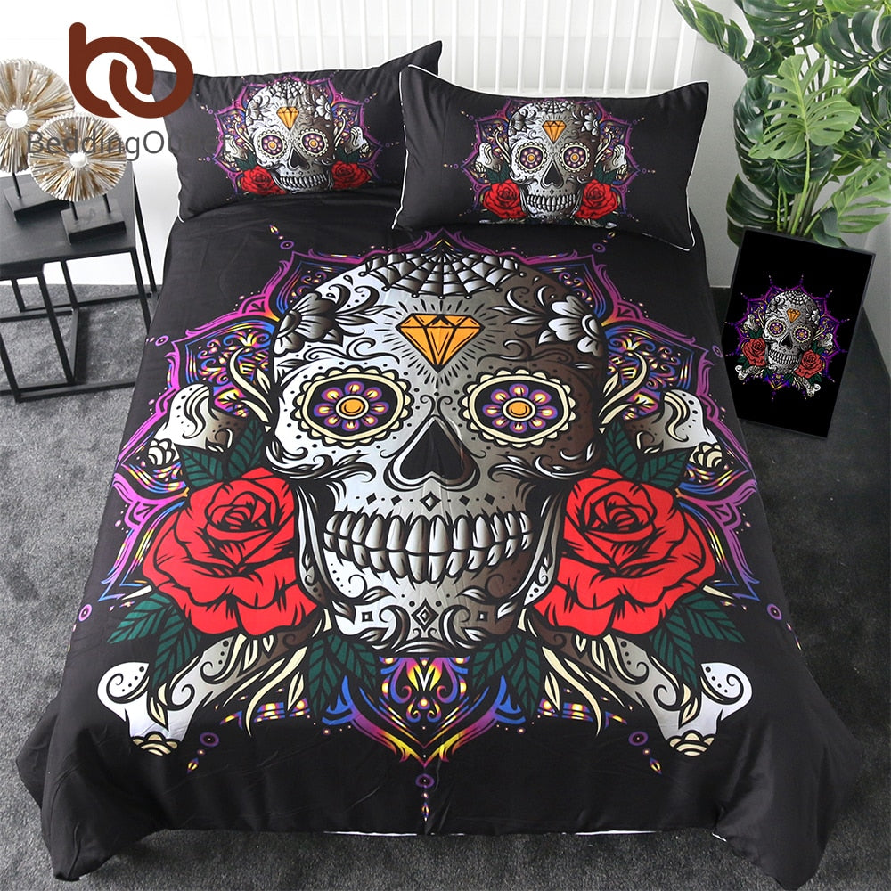 Sugar Skull Bedding Set Red Rose Duvet Cover 3-Piece