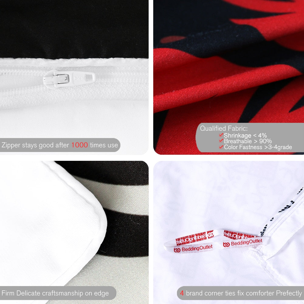 Sugar Skull Bedding Set Red Rose Duvet Cover 3-Piece