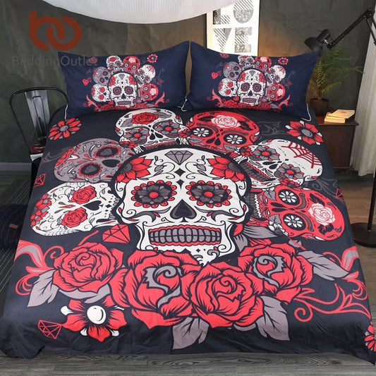 Sugar Skull Bedding Set Roses Duvet Cover With Pillowcases Floral