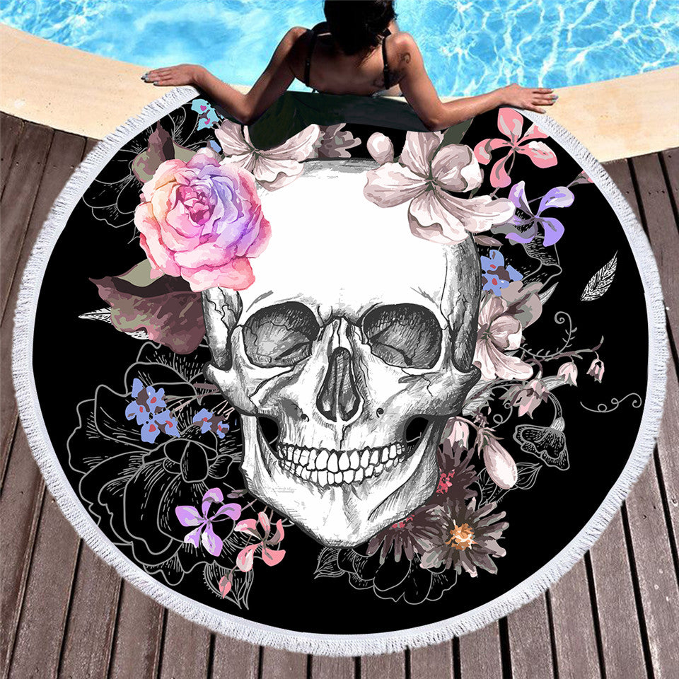 BeddingOutlet Sugar Skull Round Beach Towel Floral Tassel Tapestry Pink and Black Yoga Mat Flower Fashion Toalla Blanket 150cm