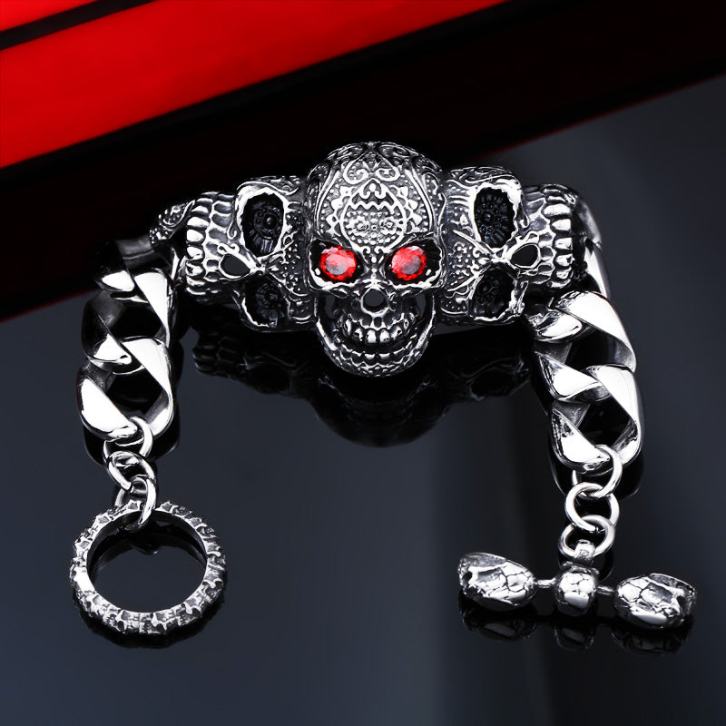 Stainless Steel bracelet red eyes stone skull Bracelet for Man punk bike Carved pattern high quality gift LLBC8-021R